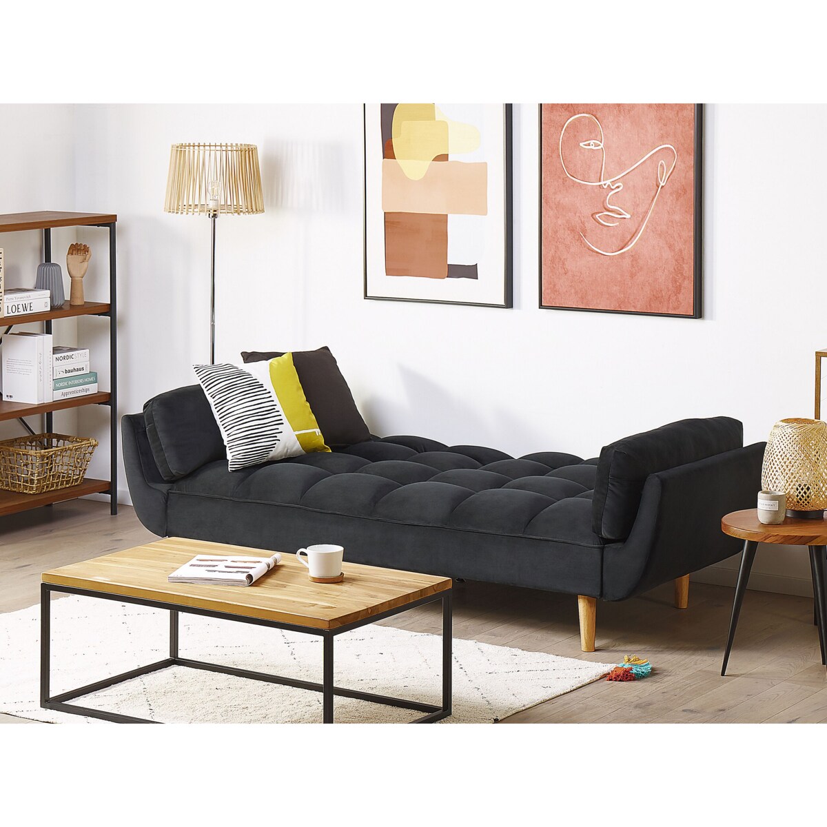 Sofa rozkładana welurowa czarna ASBY