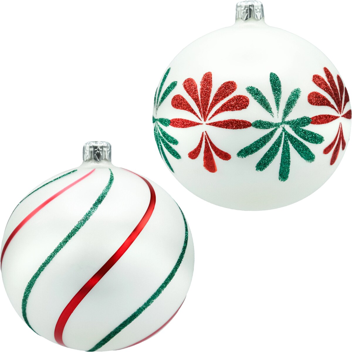 Bombki okrągłe: biała satyna z czerwono-zielonym brokatem