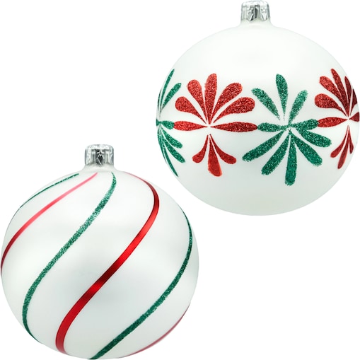 Bombki okrągłe: biała satyna z czerwono-zielonym brokatem