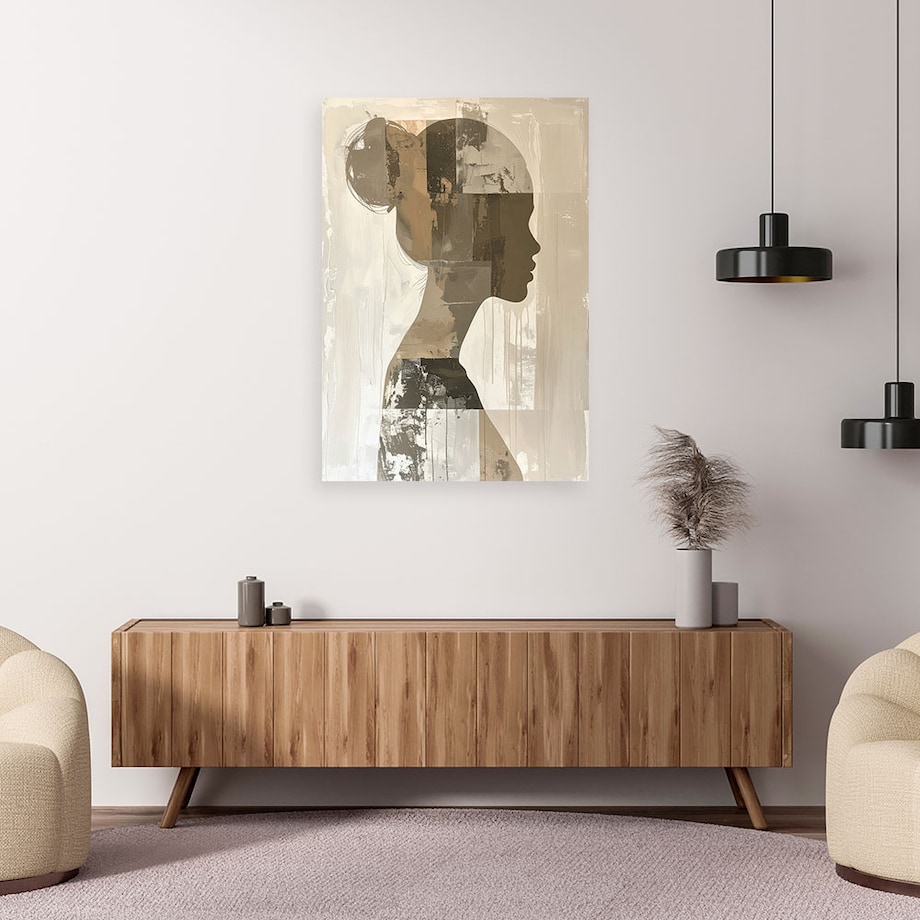 Obraz do salonu sypialni kuchni biura loftu, Postać kobiety abstrakcja w beżu styl boho 70x100cm
