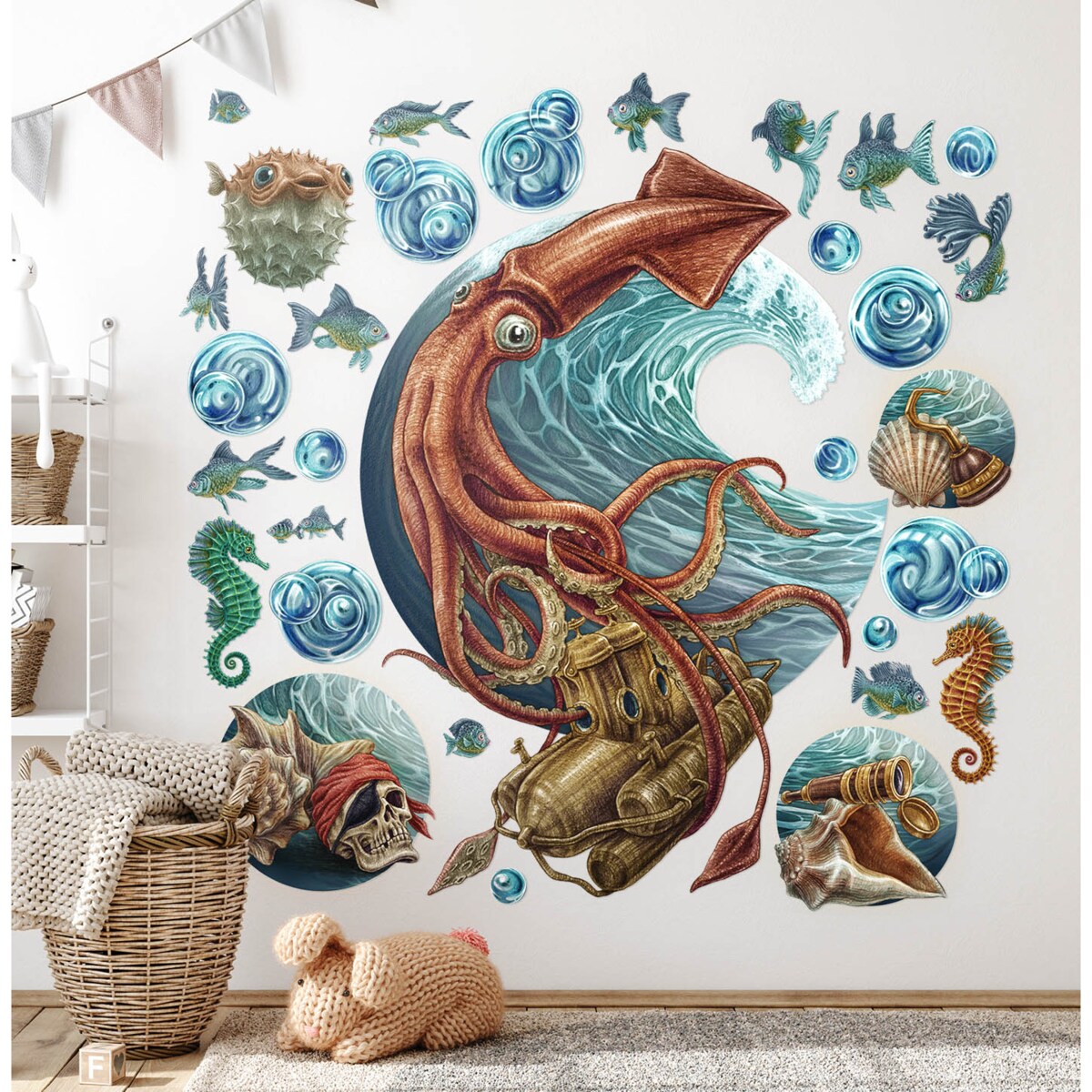 Zestaw naklejek na ścianę, Łódź podwodna, 100cm