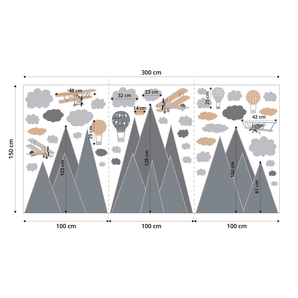 NAKLEJKI NA ŚCIANĘ DLA DZIECI GRAFITOWE GÓRY SAMOLOTY BALONY VINTAGE ZESTAW