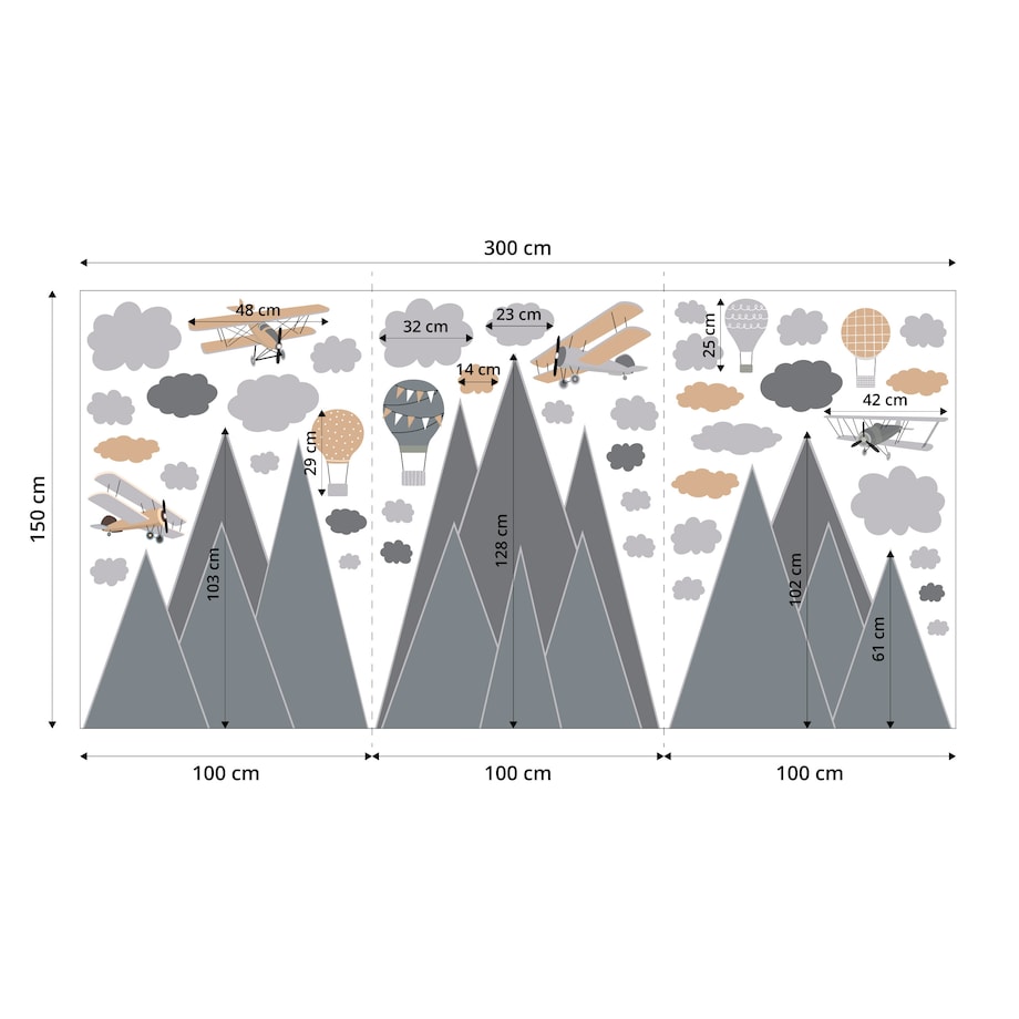NAKLEJKI NA ŚCIANĘ DLA DZIECI GRAFITOWE GÓRY SAMOLOTY BALONY VINTAGE ZESTAW