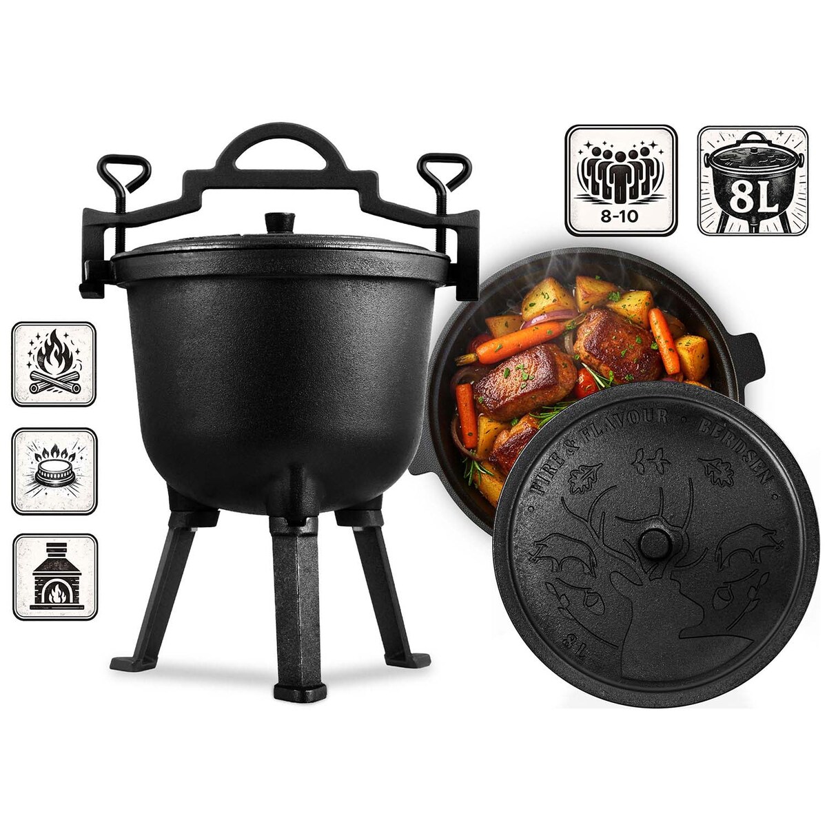 Kociołek żeliwny 8L Berdsen BD-482 garnek myśliwski pieczonka na ognisko grill + przepisy