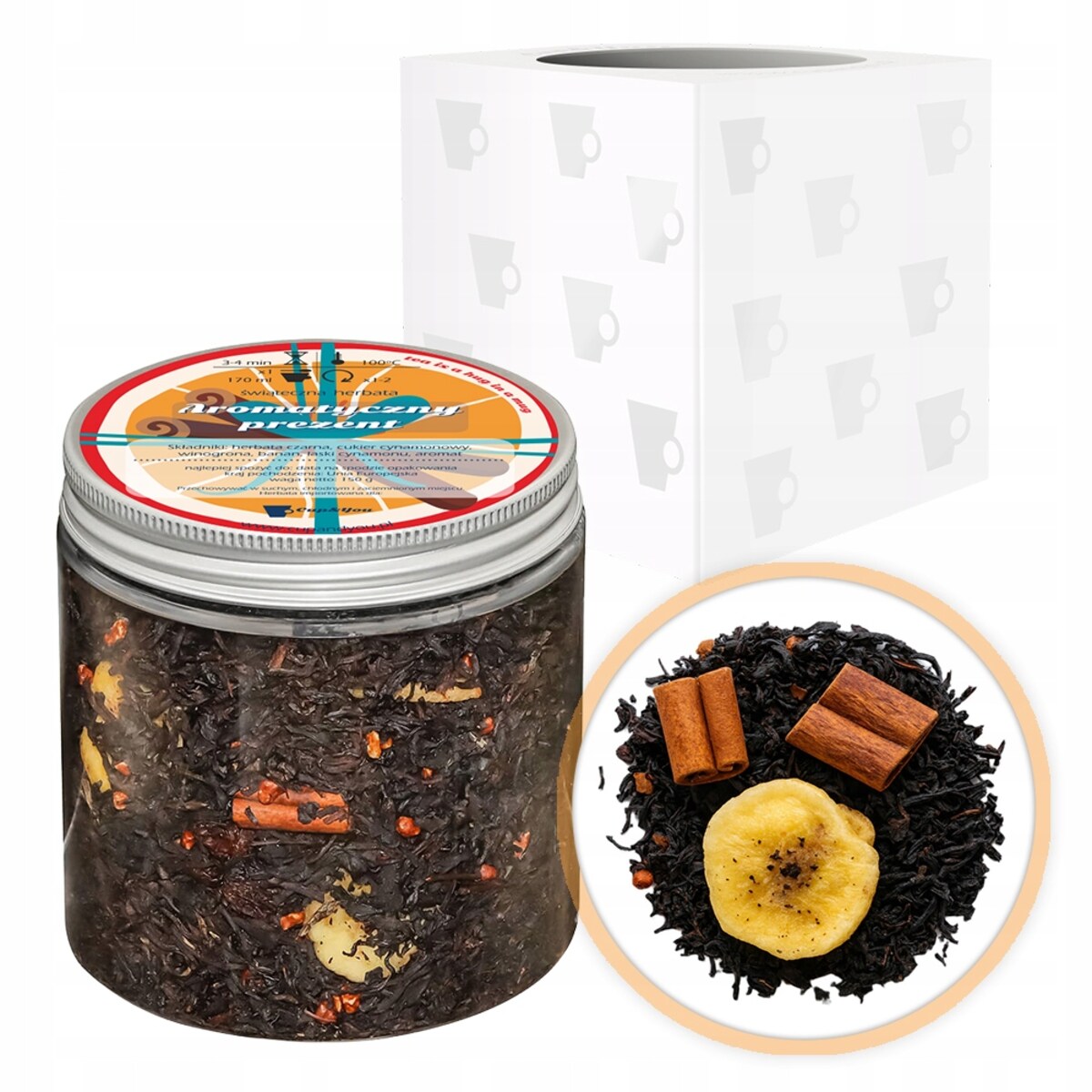 ŚWIĄTECZNA HERBATA CZARNA SYPANA SŁODKI BANAN W CYNAMONIE - PREZENT UPOMINEK NA MIKOŁAJA ŚWIĘTA GWIAZDKĘ BOŻE NARODZENIE POD CHOINKĘ DLA KOBIETY FACETA MĘŻCZYZNY