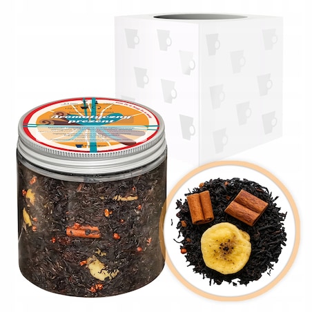 ŚWIĄTECZNA HERBATA CZARNA SYPANA SŁODKI BANAN W CYNAMONIE - PREZENT UPOMINEK NA MIKOŁAJA ŚWIĘTA GWIAZDKĘ BOŻE NARODZENIE POD CHOINKĘ DLA KOBIETY FACETA MĘŻCZYZNY