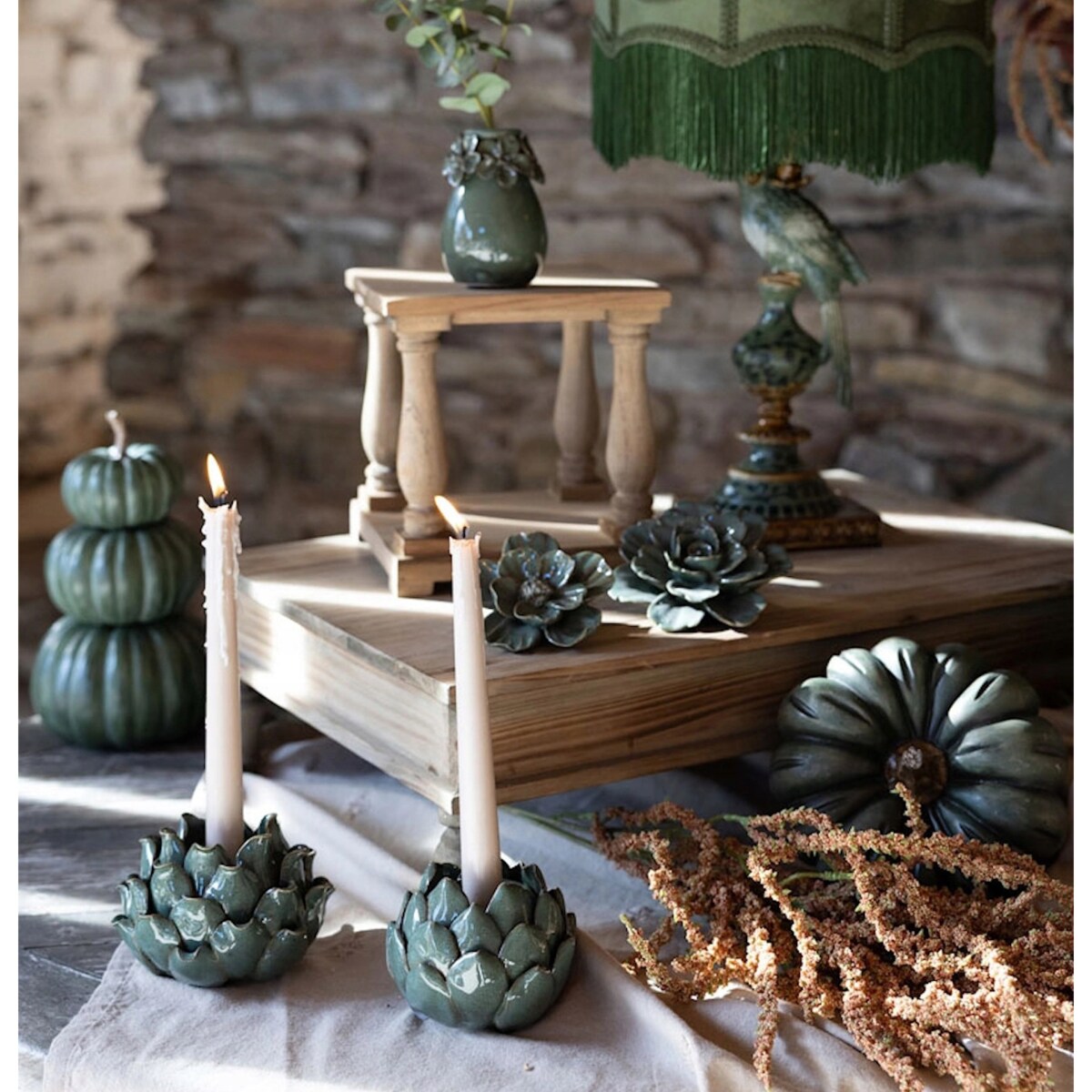 ŚWIECZNIK KANDELABR BOHO RETRO LOFT ZIELONY CERAMICZNY NA 1 ŚWIECĘ OZDOBA