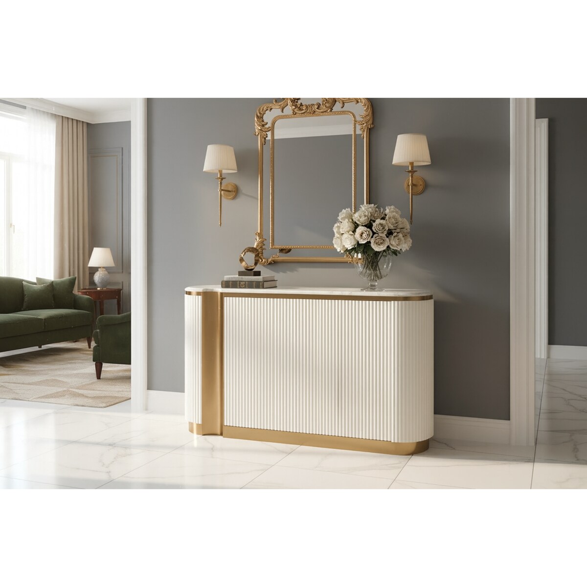 Ryflowana komoda biała złota Nutris Glamour Premium z blatem marmurowym 158x40x88