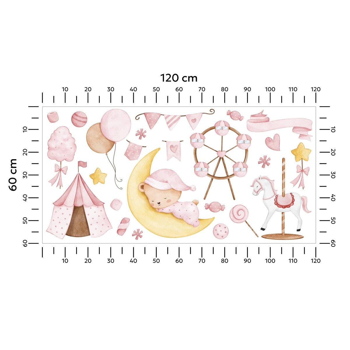 Naklejki Ścienne Dla Dzieci Misiu Na Księżycu Słodycze Balony Cyrk ZESTAW 120x60cm