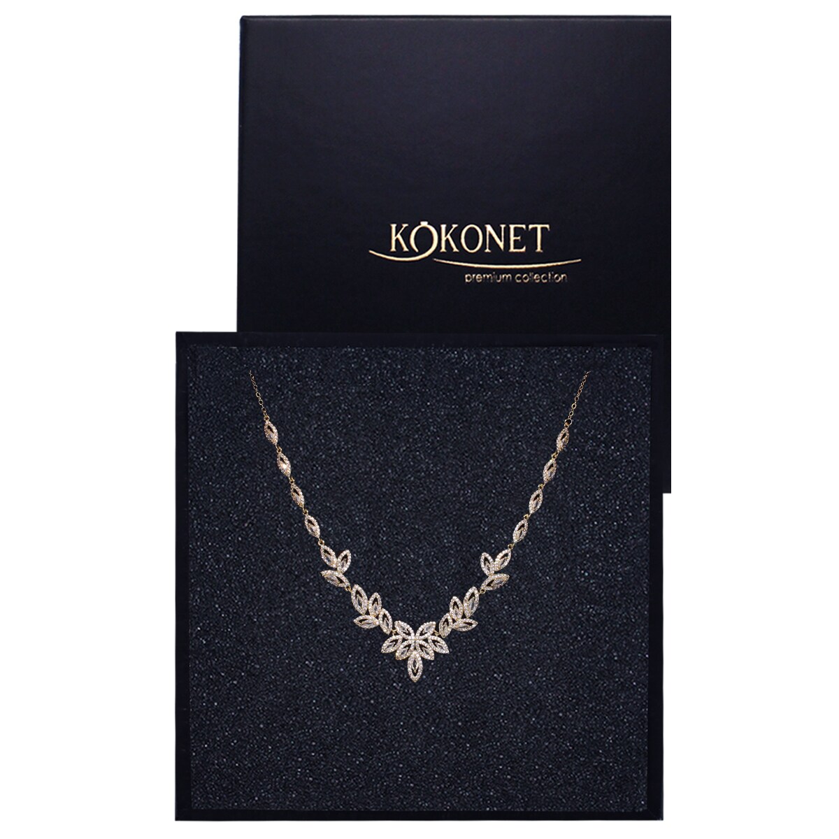 Naszyjnik ślubny kolia złota listki kryształki na wesele pozłacana w pudełku prezent
