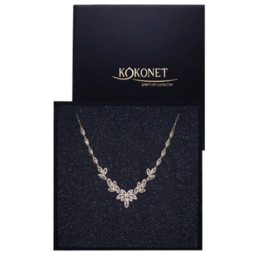Naszyjnik ślubny kolia złota listki kryształki na wesele pozłacana w pudełku prezent