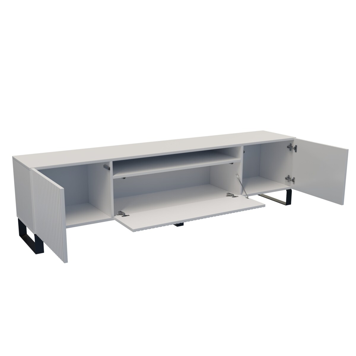 Szafka RTV MARCO 200 cm, na metalowych nogach, frezowane fronty- biała