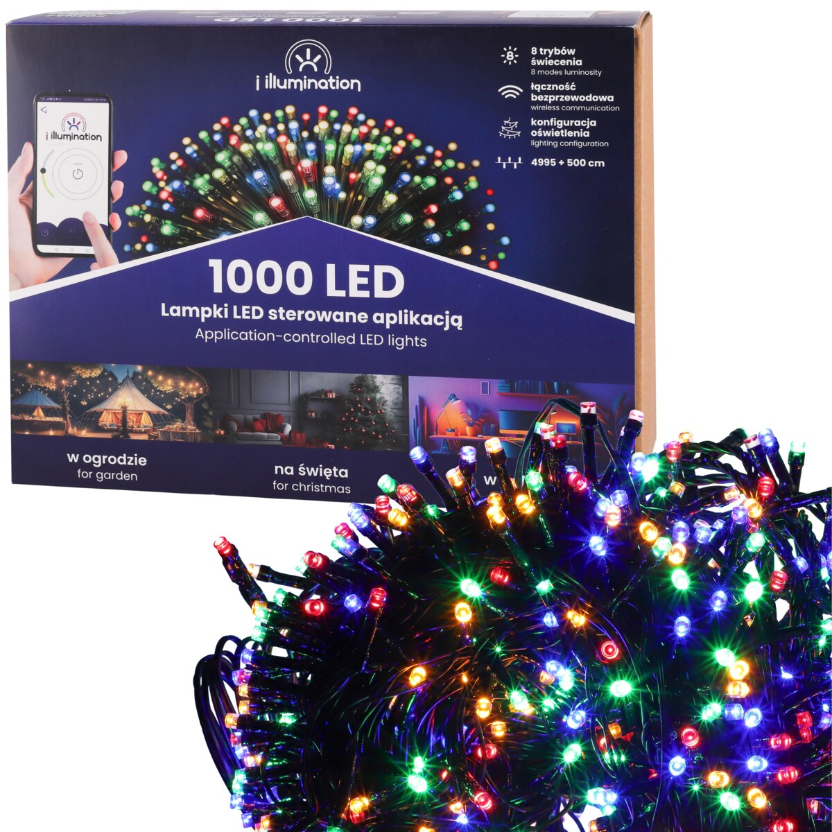 Lampki choinkowe zewnętrzne wewnętrzne 1000 Led Multikolor - Sterowane Telefonem