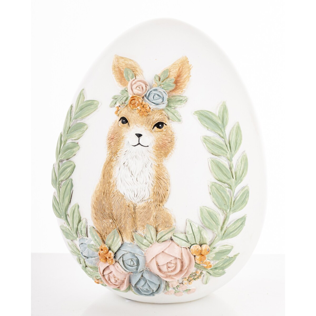 Dekoracja - jajko ozdobne 18x13x13 cm PISANKA biała z króliczką i kwiatami