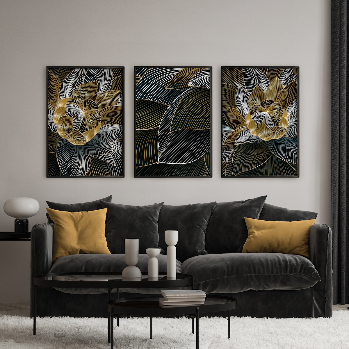 ZESTAW 3X PLAKAT W RAMIE ABSTRAKCJA KWIATY LOTOSU STYL GLAMOUR NATURA 30x40cm