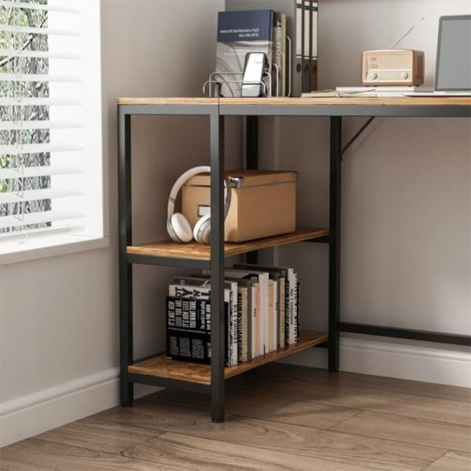 Biurko komputerowe stolik vintage rustykalny brąz loft z 2 półkami 120 cm