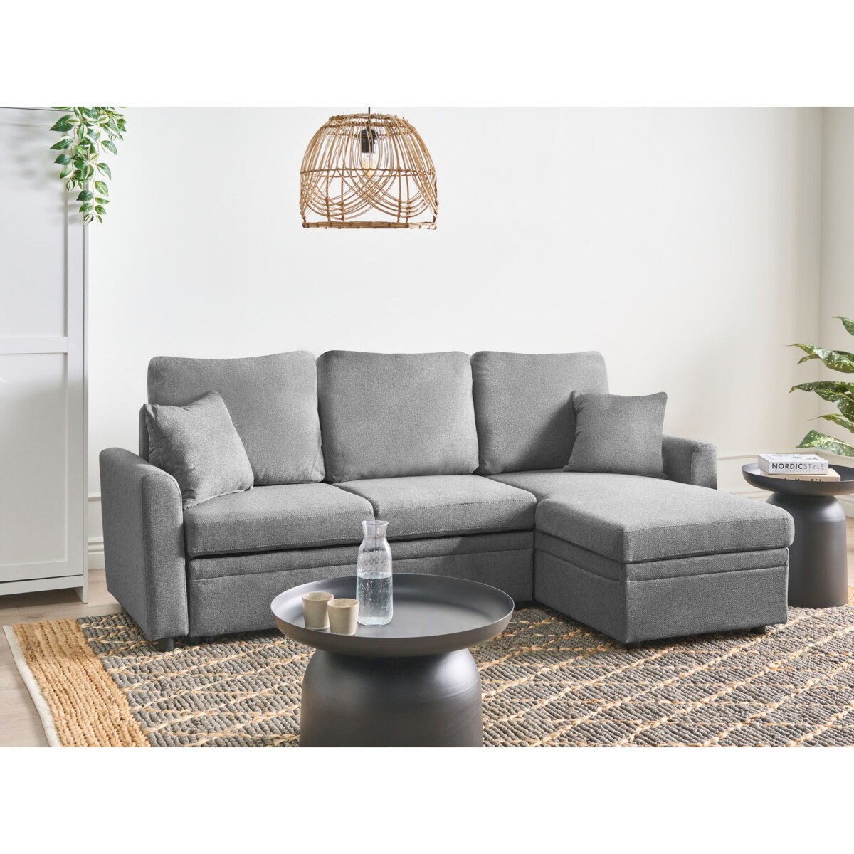 Narożnik rozkładany NASSJO Len syntetyczny Szary dla 3 osób Lewostronny