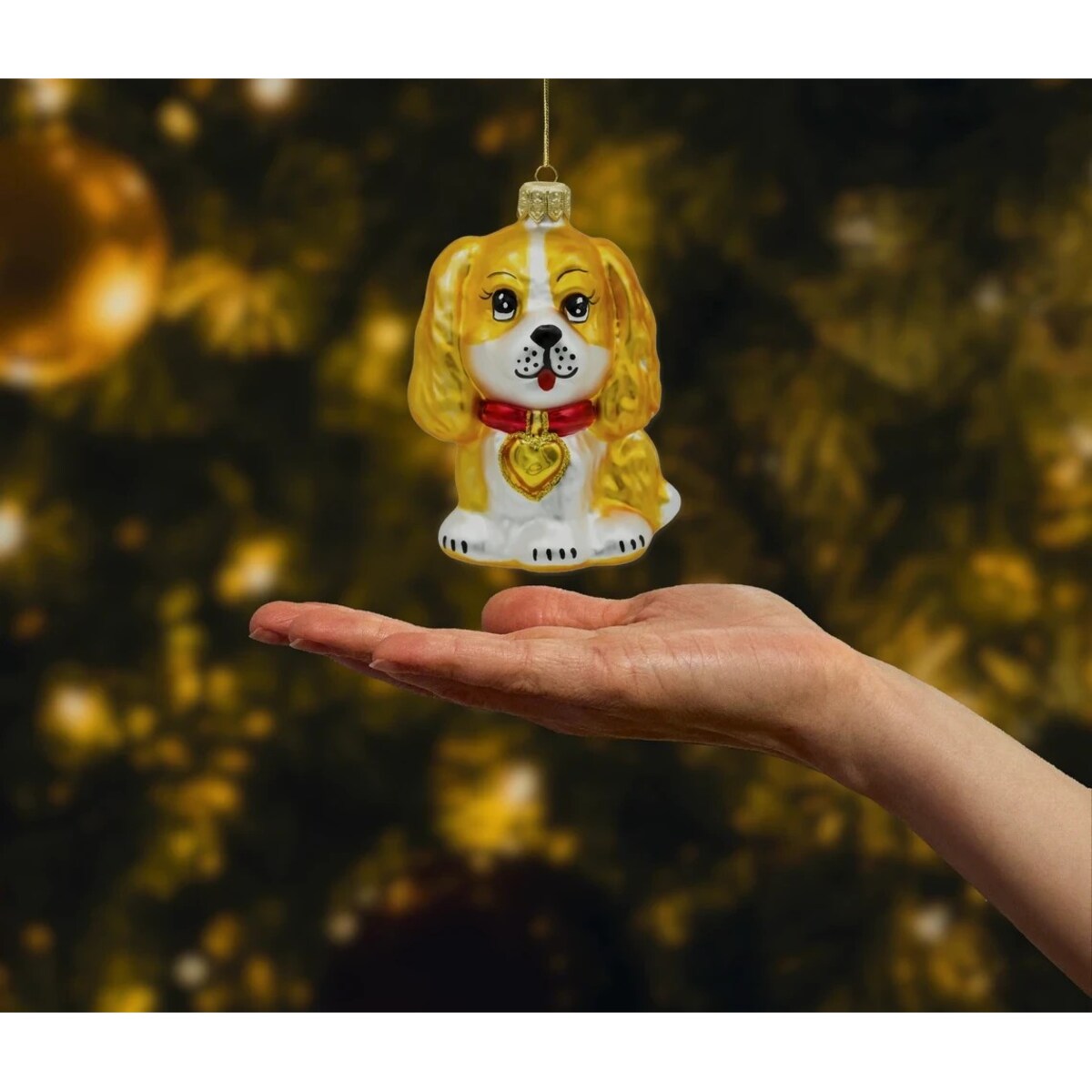 Bombka choinkowa - Piesek z kokardką: złoto-biały