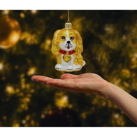 Bombka choinkowa - Piesek z kokardką: złoto-biały