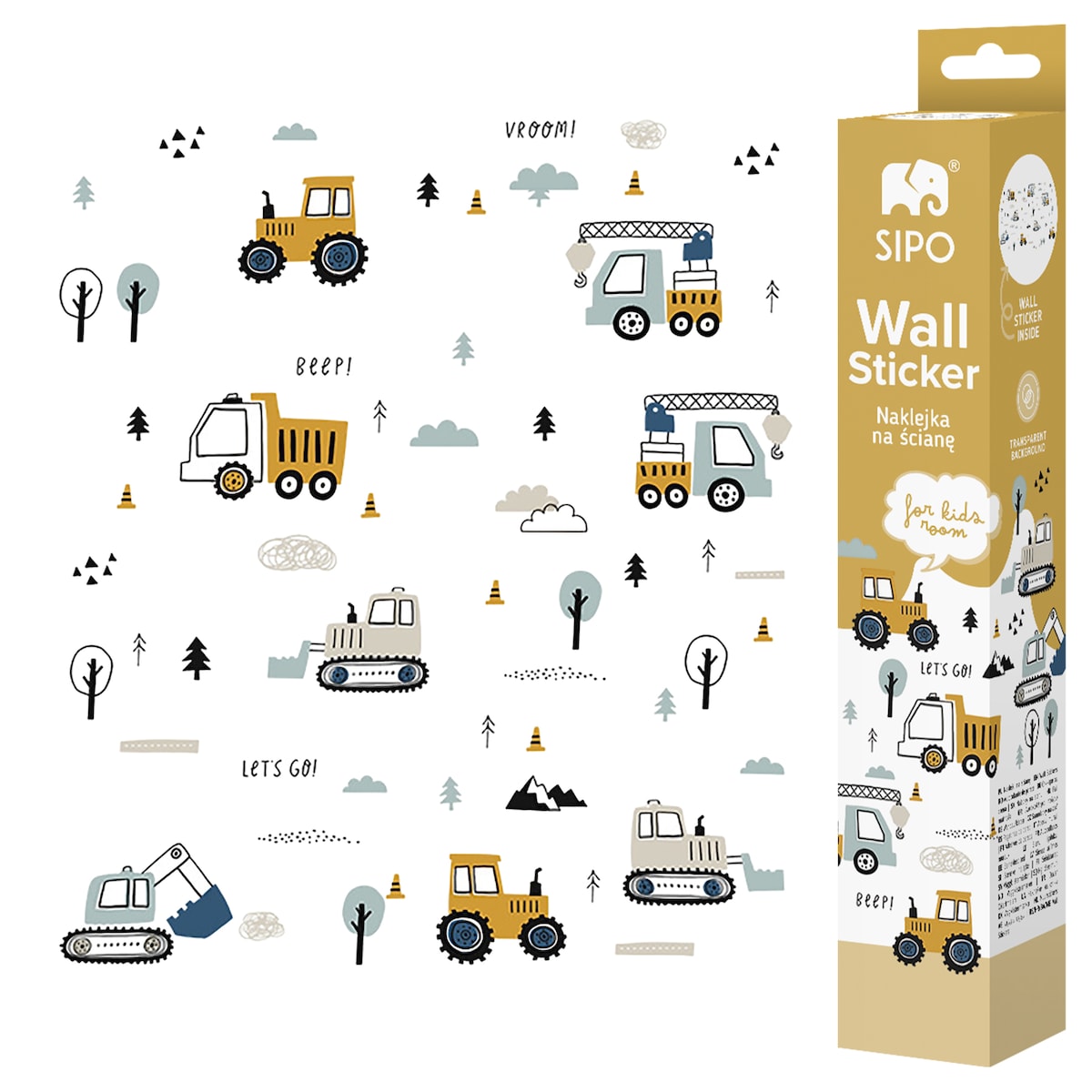 naklejki na ścianę do pokoju dziecka, sipo, traktory i koparki
