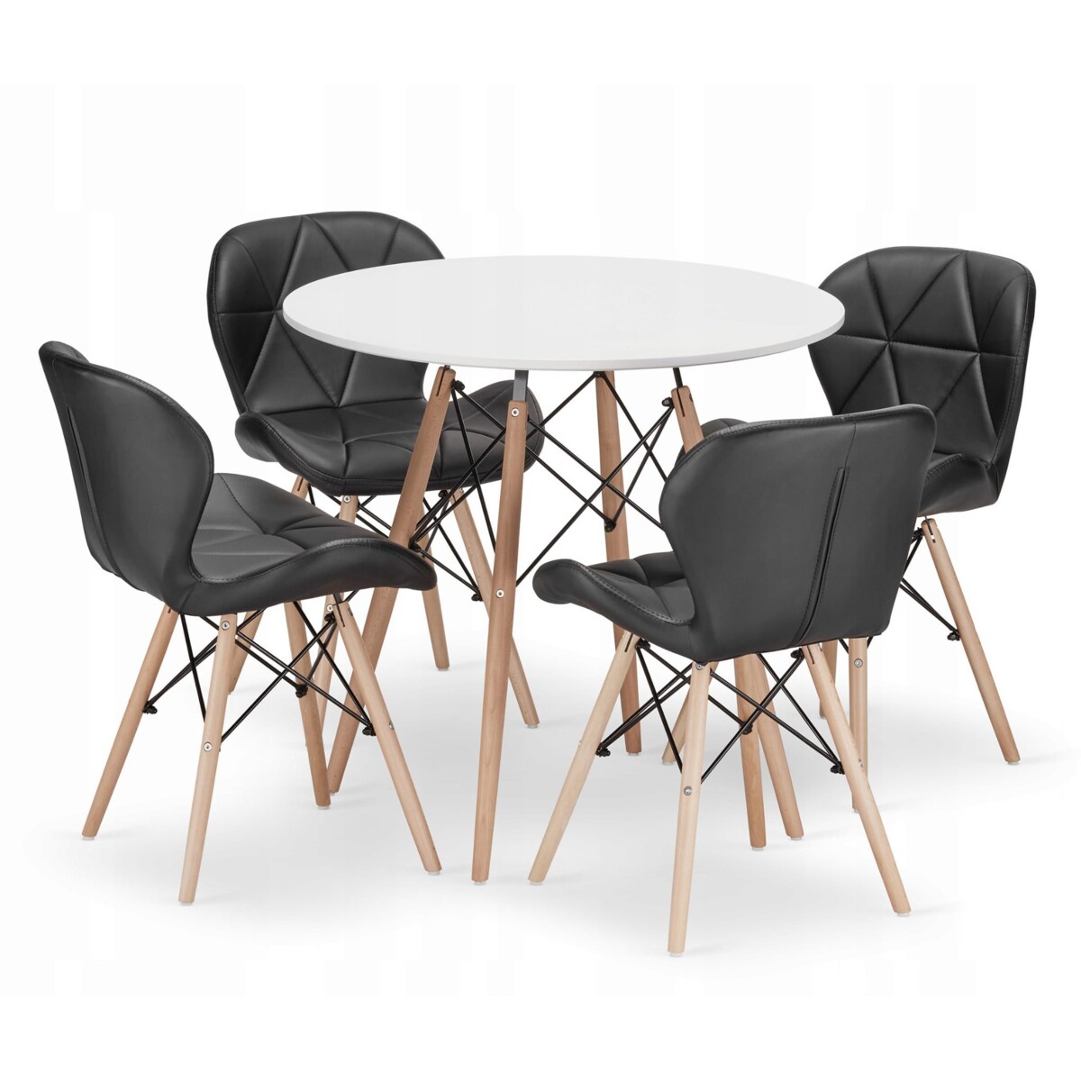 Zestaw Stół+ 4 Krzesła Czarne Do Jadalni Kuchni Salonu Biura Okrągły Biały