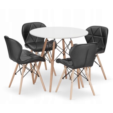 Zestaw Stół+ 4 Krzesła Czarne Do Jadalni Kuchni Salonu Biura Okrągły Biały