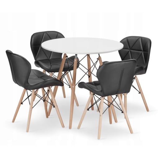 Zestaw Stół+ 4 Krzesła Czarne Do Jadalni Kuchni Salonu Biura Okrągły Biały
