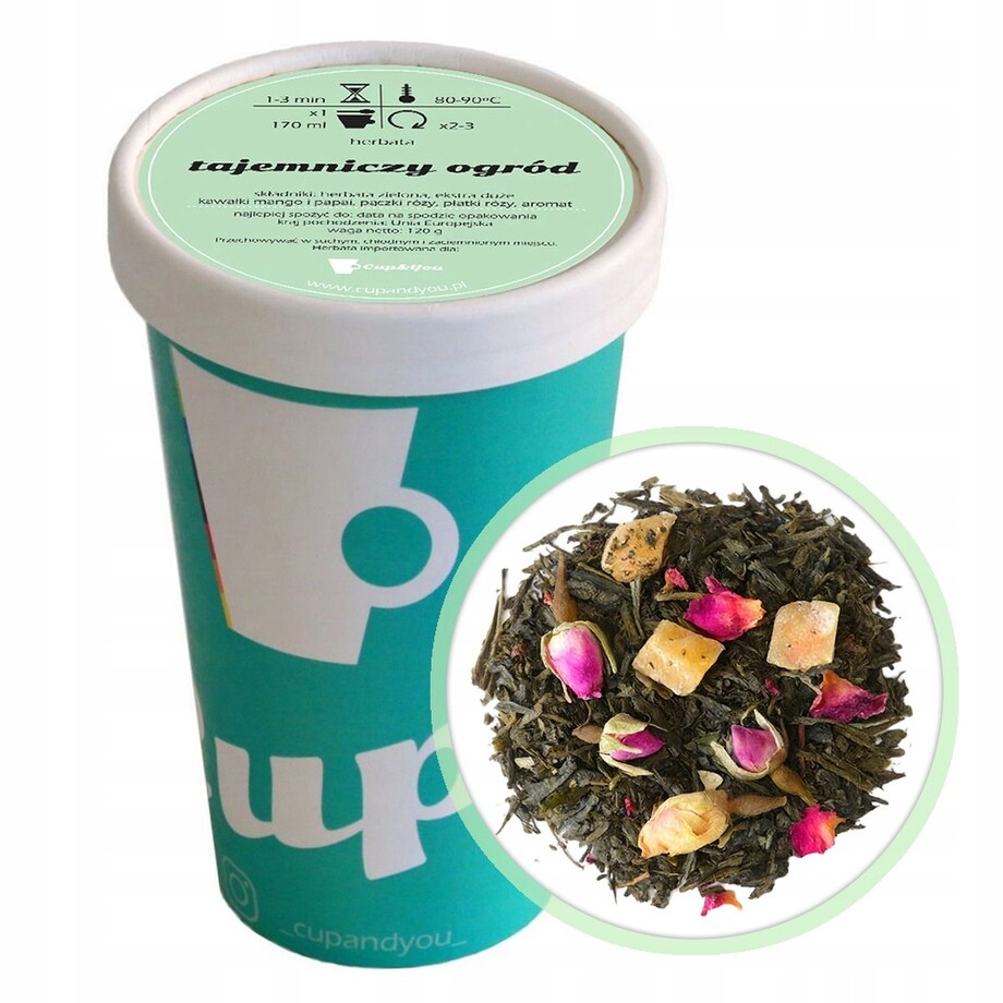 Herbata zielona TAJEMNICZY OGRÓD papaja płatki róży mango upominek 120g - herbata liściasta sypana mieszanka napar susz