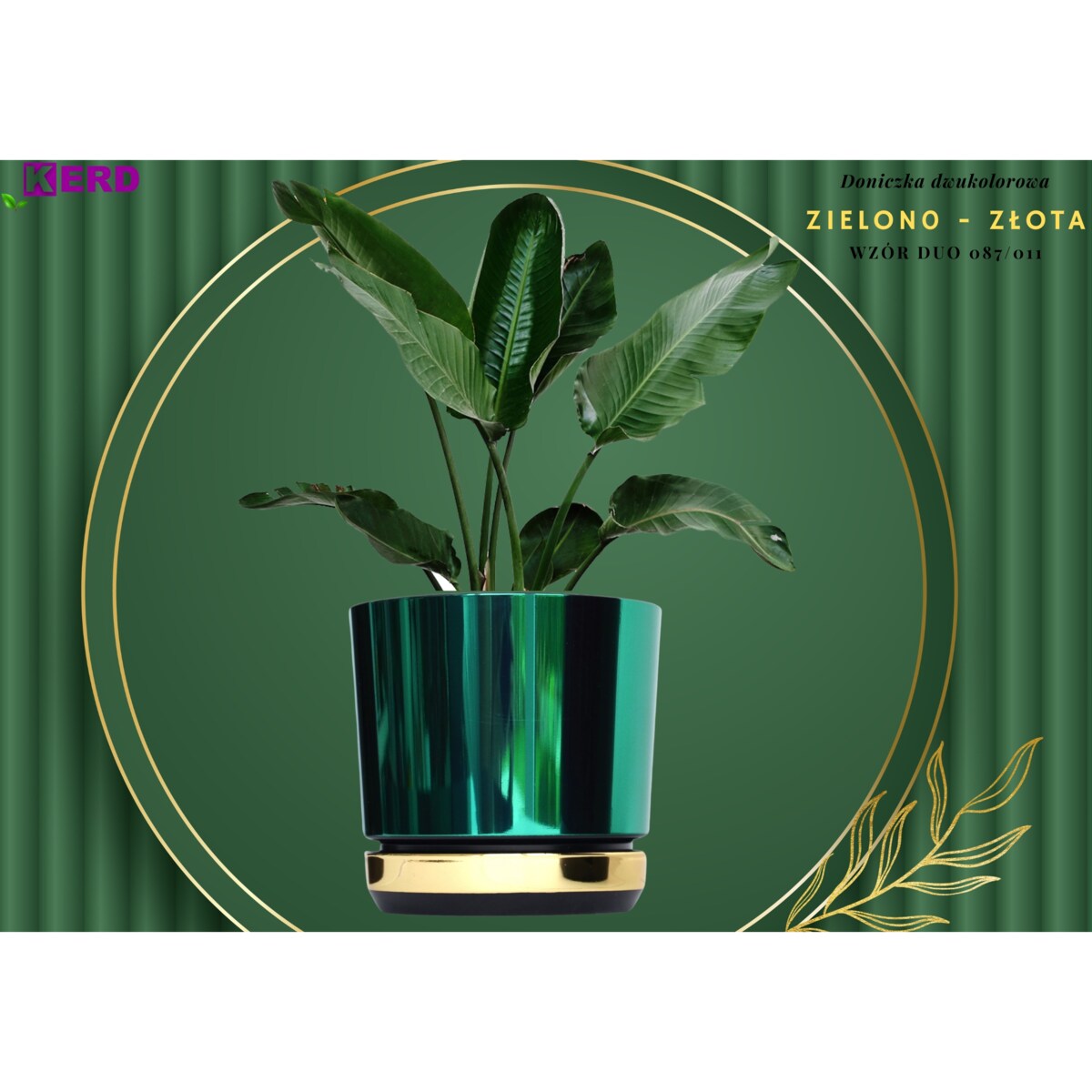 12 Doniczka DUO ZIELONA z podstawką ZŁOTA dwukolorowa nowoczesna glamour wysoki połysk metaliczna elegancka