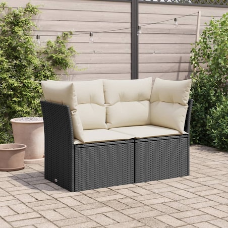 vidaXL Sofa ogrodowa z poduszkami, 2-osobowa, czarna, polirattan
