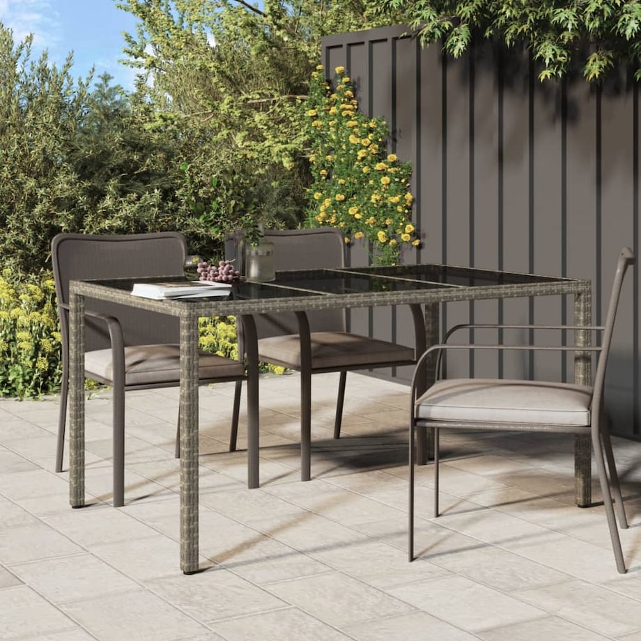 vidaXL Stół ogrodowy, 150x90x75 cm, szkło i rattan PE, szary