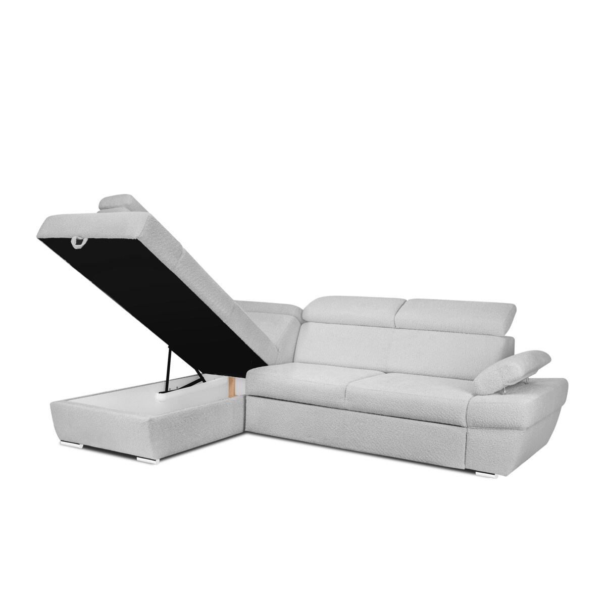 KONSIMO RATLO Narożnik rozkładany jagnięcy z pojemnikiem na pościel, szary po lewej stronie