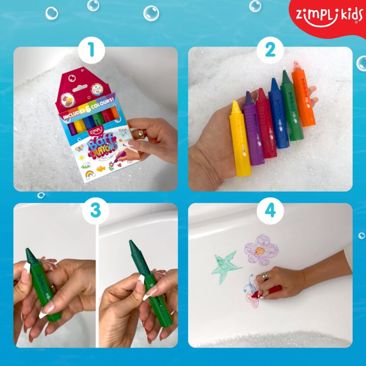 Kredki do kąpieli dla dzieci do malowania wanny 6 kolorów Baff Crayons 3+ Zimpli Kids