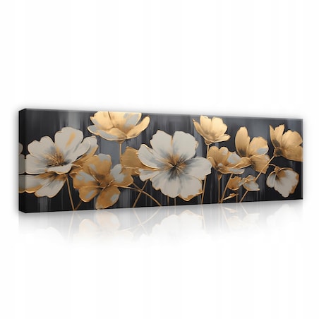 OBRAZ KWIATY ABSTRAKCJA ZŁOTO DO SYPIALNI SALONU NA PŁÓTNIE ŚCIANĘ 145x45