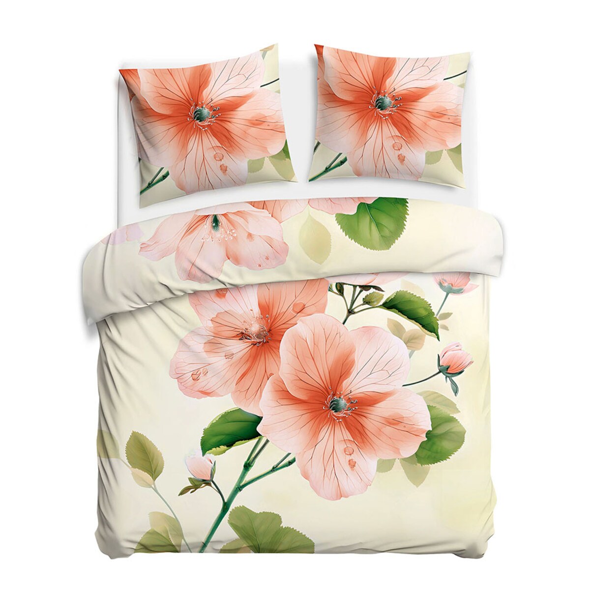 Pościel satyna bawełniana 220x200 Camellia kremowa w pomarańczowe kwiaty, Satynlove Premium