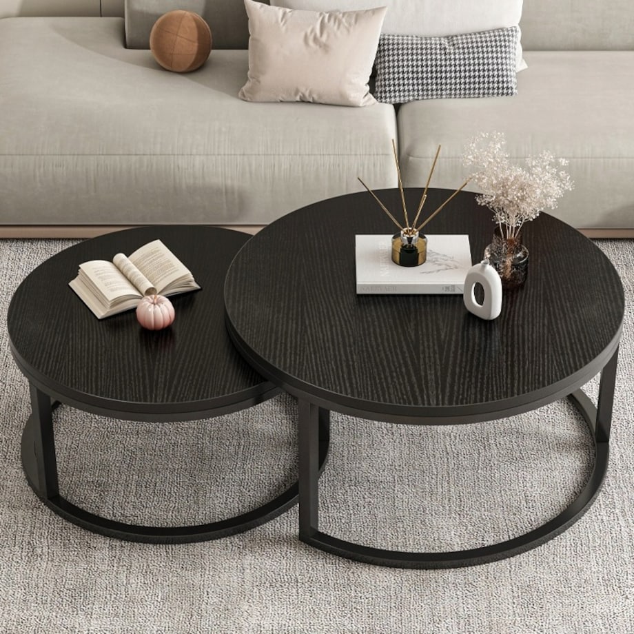 Stolik kawowy okrągły zestaw 2 stolików czarnych nowoczesne loft salonu