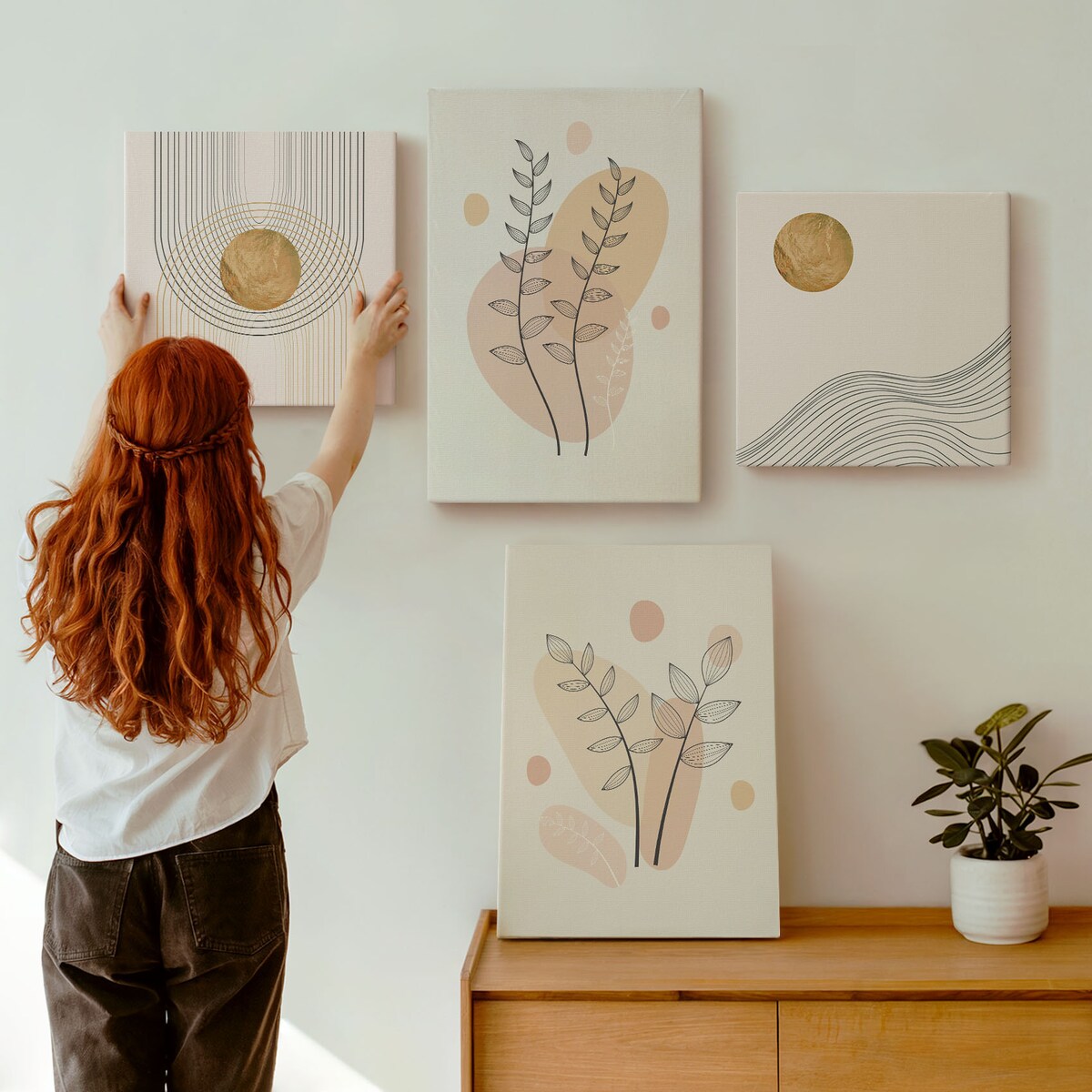 Zestaw 4 obrazów na płótnie - Minimalistyczne rysunki roślin - beżowy