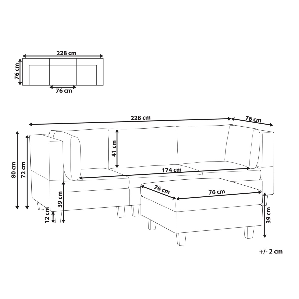 Sofa modułowa 3-osobowa z otomaną czarna UNSTAD
