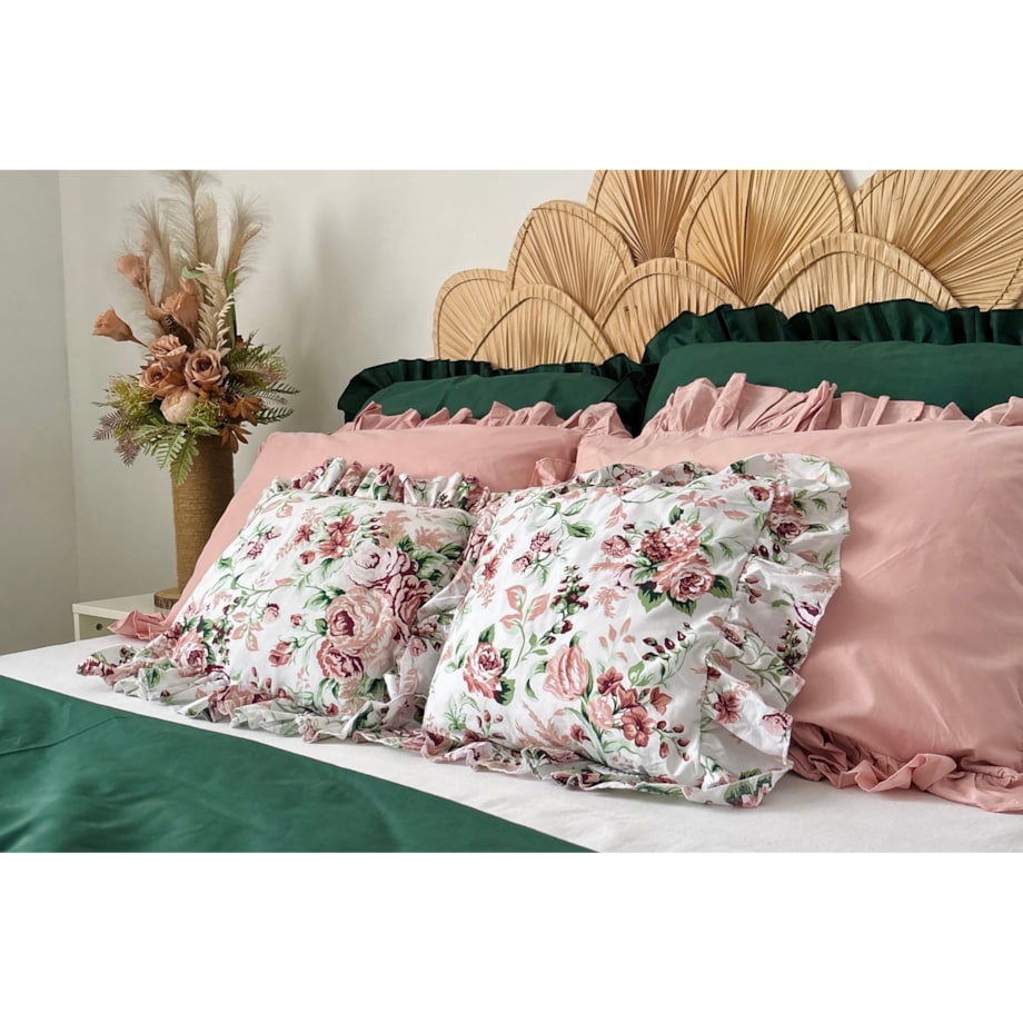 Pościel Bawełniana Z Falbanką Zestaw Komplet Do Sypialni Kołdra + 6 Poduszek 220X200 Cm Butelkowa Zieleń Retro Kwiaty