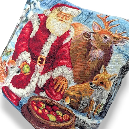 Dwustronna poduszka z wypełnieniem z Mikołajem i sarenką 45x45 z tkaniny gobelinowej