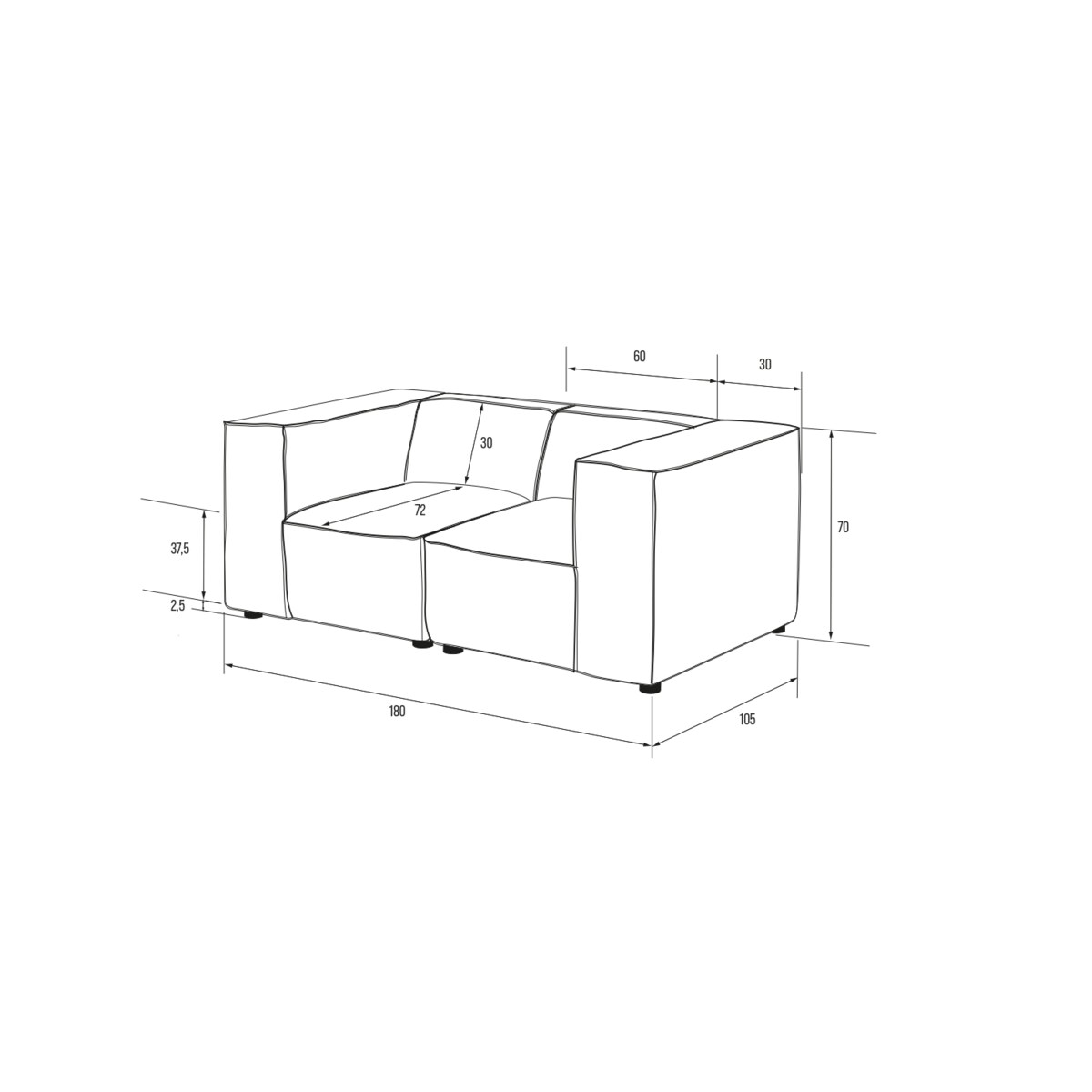 Sofa 2 osobowa Modularis - Szary Welur