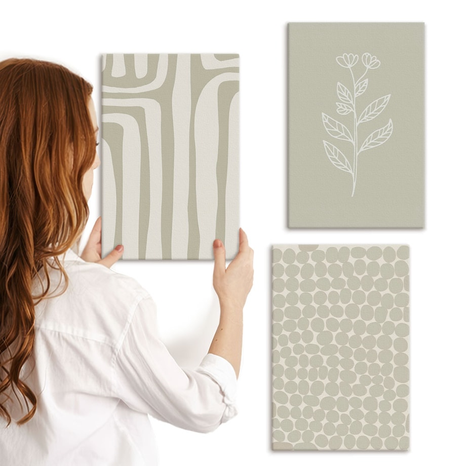 Zestaw 3 małych obrazów na płótnie - Wzory roślinne geometryczne - zielony
