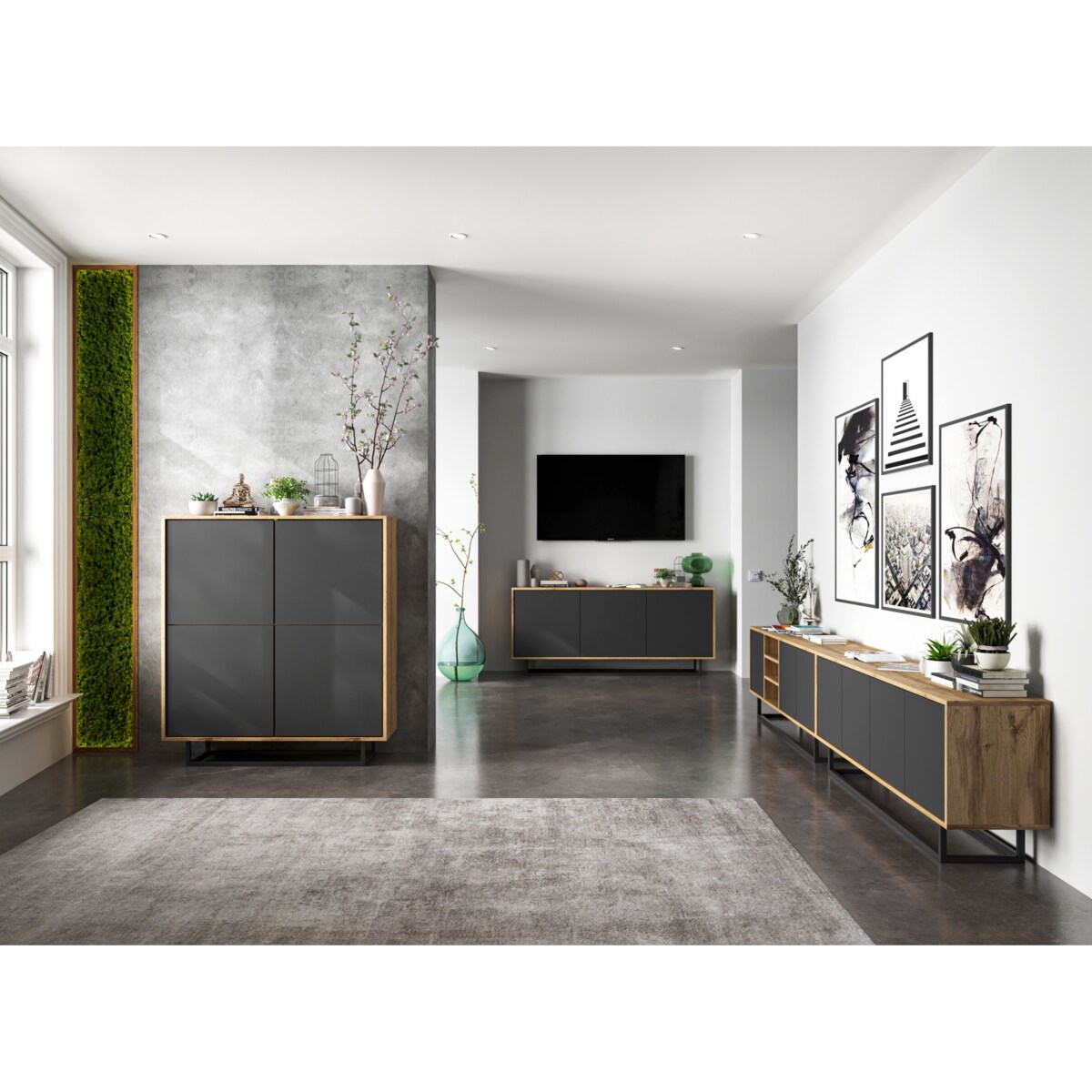 Industrialna Szafka RTV Loft Komoda RTV Dąb Wotan Grafit MAT 150 cm