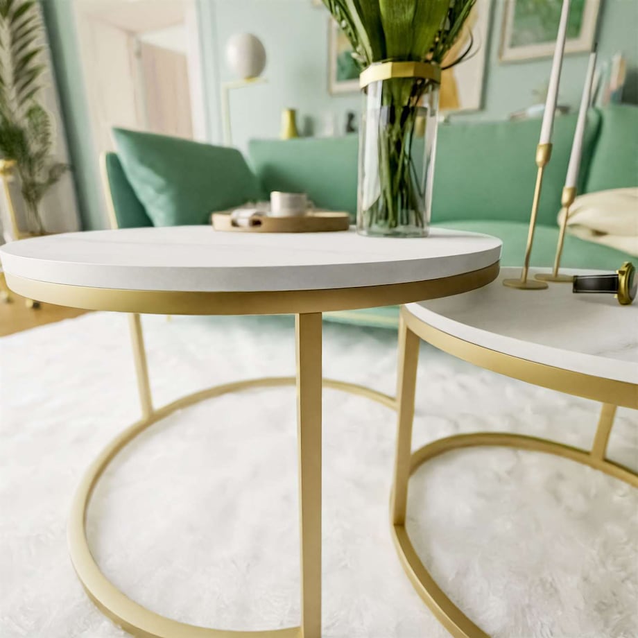 Okrągły stolik kawowy CIRI 2w1 złoty mat marmur levanto 70/50 cm