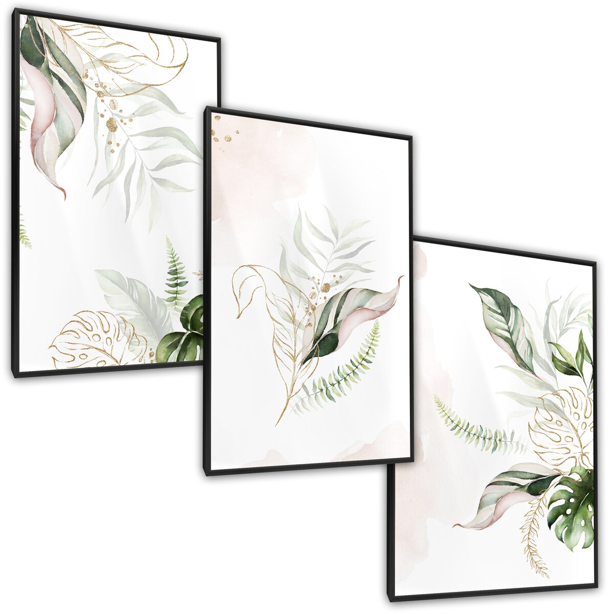 Zestaw 3x Plakat W Ramie AKWARELOWE Liście W Stylu Boho 30x40cm