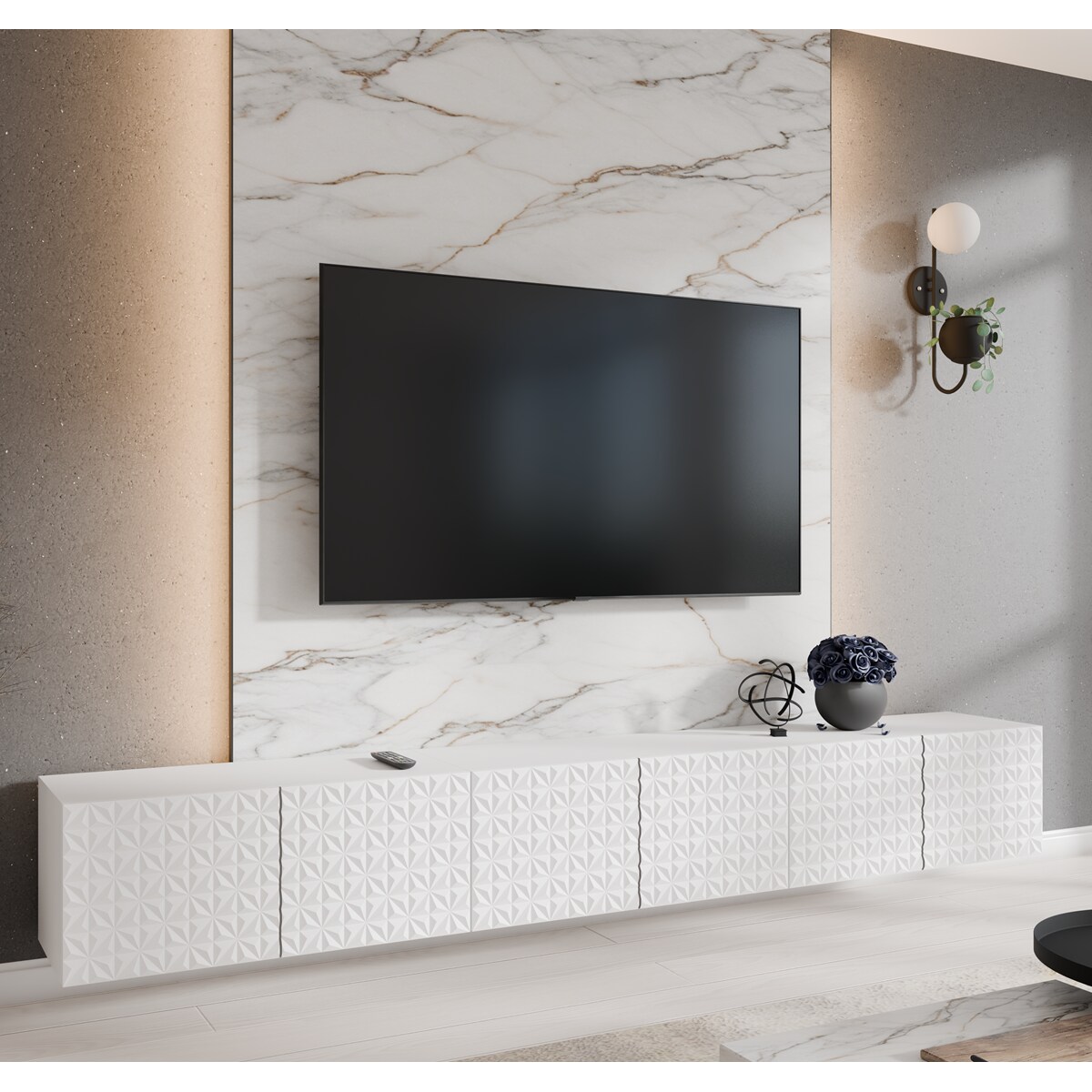 Szafka RTV ALI 300 cm zamknięta z ozdobnymi frontami, do salonu- biała