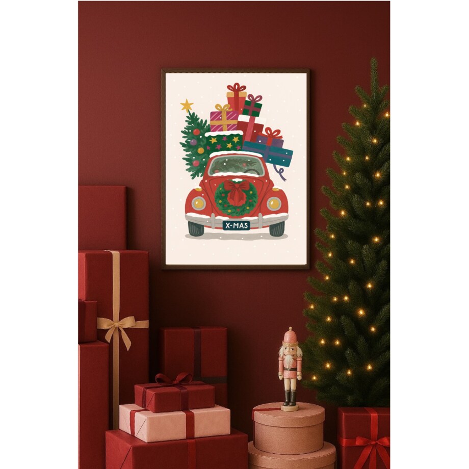 Poster Story, Plakat, Obraz - Czerowny Samochód z Kolorowymi Prezentami i Choinką, wymiary 60 x 84 cm