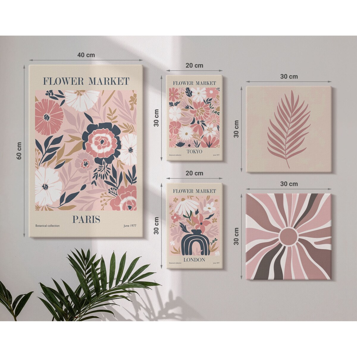 Zestaw 5 obrazów na płótnie - Kwiatowe rynki styl boho - różowy