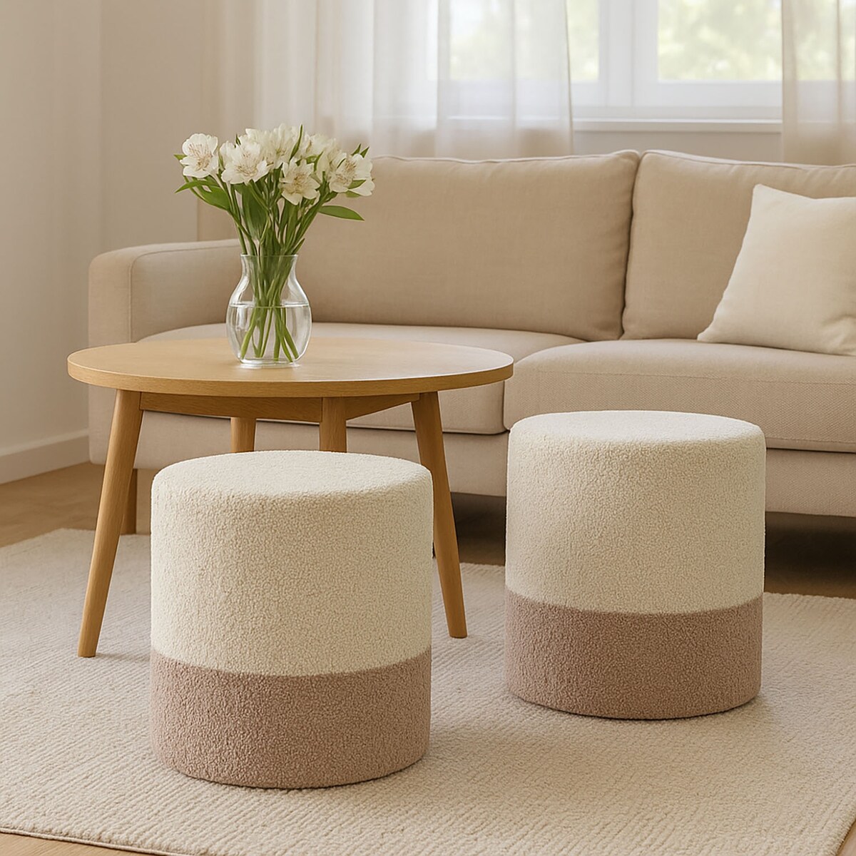 Pufa okrągła tapicerowana w dwóch kolorach boucle, Ø 35 x 34 cm