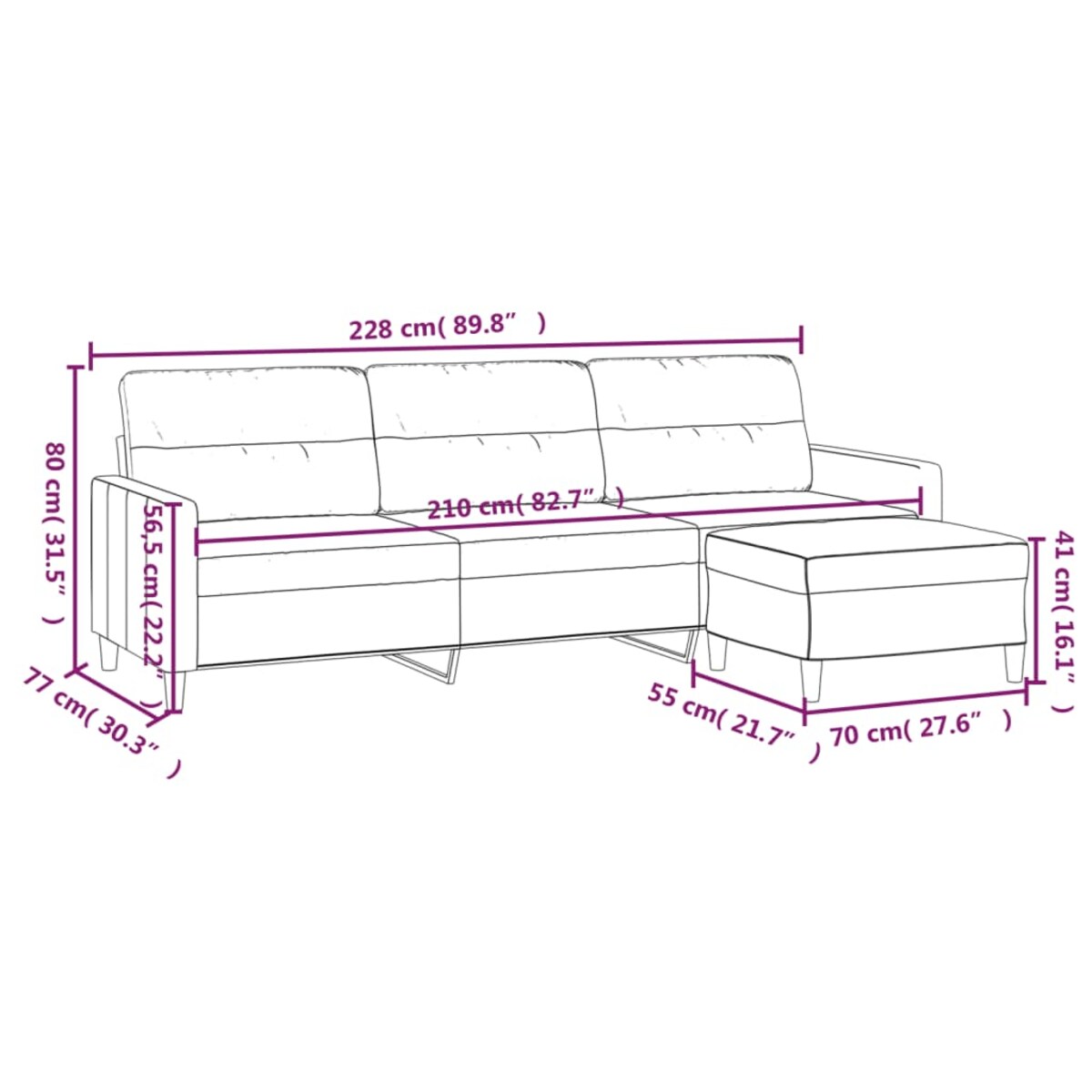 vidaXL 3-osobowa sofa z podnóżkiem, ciemnoszara, 210 cm, tkaniną